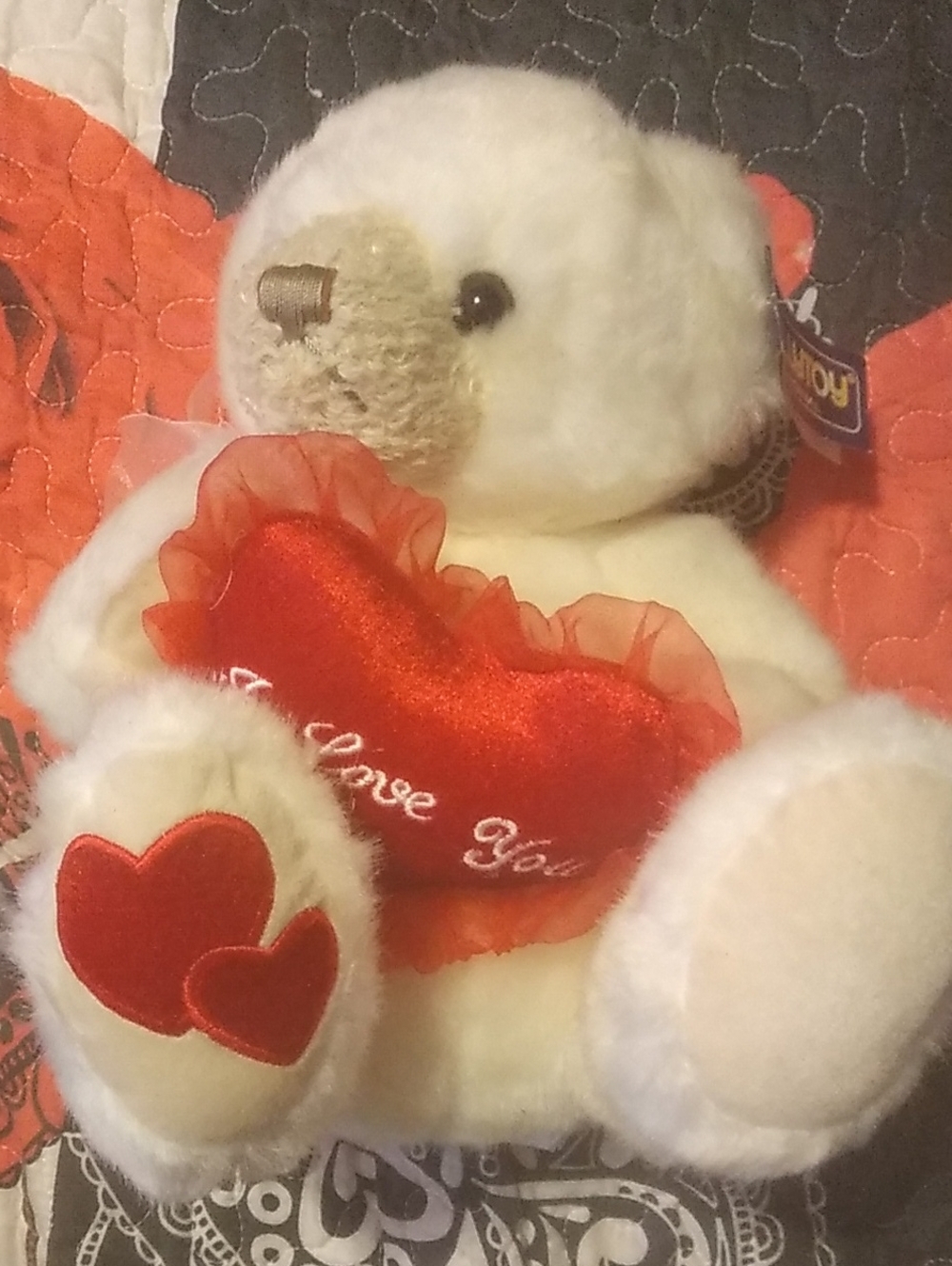 White Plush Bear Holding Red Heart Pillow
